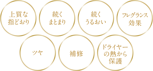 上質な指どおり 続くまとまり 続くうるおい フレグランス効果 ツヤ 補修 ドライヤーの熱から保護